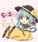  1girl aqua_eyes aqua_hair bangs black_headwear blouse blush collared_blouse eyebrows_visible_through_hair frilled_shirt_collar frilled_sleeves frills hat hat_ribbon index_finger_raised koishi_day komeiji_koishi long_sleeves medium_hair open_mouth outstretched_hand ribbon rpameri smile solo touhou upper_body wavy_hair wide_sleeves yellow_blouse yellow_ribbon 