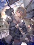  1girl armor armored_dress banner black_ribbon blonde_hair blue_eyes braid eyebrows_visible_through_hair fate/apocrypha fate/grand_order fate_(series) gauntlets highres jeanne_d&#039;arc_(fate) jeanne_d&#039;arc_(fate)_(all) krage_(32700181) long_hair low-tied_long_hair ponytail purple_legwear ribbon ruler_(fate/apocrypha) sheath sheathed single_braid smile solo standing sword thigh-highs very_long_hair weapon 