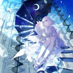  1girl blue_eyes castle clothes_lift dress dress_lift earrings floating floating_object fuzichoco hair_lift high_collar highres jewelry moon original short_hair silver_hair stairs thighs wings 