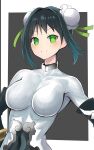  1girl arm_guards bangs black_bodysuit black_gloves black_hair bodysuit breasts bun_cover covered_navel double_bun ehoxs elbow_gloves fate/grand_order fate_(series) fingerless_gloves gloves green_eyes green_ribbon hair_ribbon highres jewelry large_breasts looking_at_viewer neck_ring qin_liangyu_(fate) ribbon sidelocks solo thighs white_bodysuit 