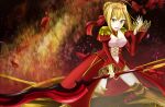  1girl aestus_estus ahoge blonde_hair braid breasts cleavage commentary_request dress epaulettes erinaga_kurone fate/extra fate/grand_order fate_(series) french_braid green_eyes hair_intakes hair_ribbon juliet_sleeves large_breasts long_sleeves nero_claudius_(fate) nero_claudius_(fate)_(all) puffy_sleeves red_dress red_ribbon ribbon saber_extra see-through solo wide_sleeves 