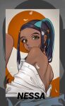  1girl alternate_hairstyle black_hair blue_eyes blue_hair buttons character_name closed_mouth commentary_request dark-skinned_female dark_skin earclip earrings echizen_(n_fns17) eyelashes highres hoop_earrings jewelry long_hair looking_at_viewer multicolored_hair nessa_(pokemon) off_shoulder petals pokemon pokemon_(game) pokemon_swsh ponytail shoulder_blades solo two-tone_hair 