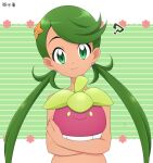  1girl ? bangs bounsweet character_hair_ornament closed_mouth commentary_request dark-skinned_female dark_skin green_eyes green_hair hair_ornament hair_tie head_tilt highres holding holding_pokemon kouzuki_(reshika213) long_hair looking_at_viewer mallow_(pokemon) pokemon pokemon_(anime) pokemon_(creature) pokemon_sm_(anime) smile staryu swept_bangs tied_hair twintails upper_body 
