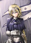  1girl armor armored_dress banner black_ribbon blonde_hair blue_eyes braid eyebrows_visible_through_hair fate/apocrypha fate/grand_order fate_(series) gauntlets highres jeanne_d&#039;arc_(fate) jeanne_d&#039;arc_(fate)_(all) long_hair low-tied_long_hair ponytail purple_legwear ribbon ruler_(fate/apocrypha) sheath sheathed single_braid smile solo standing sword thigh-highs those_girls very_long_hair weapon 