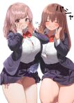  2girls ^_^ bow bowtie breasts brown_hair button_gap closed_eyes clothes_lift disembodied_limb eyebrows_visible_through_hair ghost kaisen_chuui large_breasts lifted_by_another long_hair looking_at_viewer multiple_girls original panties pantyshot red_bow red_bowtie school_uniform shirt side-tie_panties simple_background skirt skirt_lift smile thick_thighs thighs underwear white_background white_shirt 