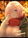  1girl bangs banned_artist breasts christmas eyebrows_behind_hair eyebrows_visible_through_hair fate/grand_order fate_(series) hair_over_one_eye jacket large_breasts light looking_at_viewer mash_kyrielight merry_christmas orii_(orii_i) pink_hair ribbed_sweater scarf short_hair smile solo sweater upper_body violet_eyes winter winter_clothes 