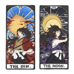  2boys bangs black_hair closed_mouth earrings full_moon highres holding holding_sword holding_weapon japanese_clothes jewelry katana kimetsu_no_yaiba long_hair looking_at_viewer male_focus moon multicolored_hair multiple_boys papajay_(jennygin2) parted_lips ponytail red_eyes redhead sheath simple_background sun sword tarot the_moon_(tarot) the_sun_(tarot) tsugikuni_michikatsu tsugikuni_yoriichi very_long_hair weapon wide_sleeves 