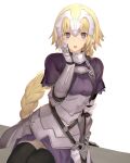  1girl armor armored_dress banner black_ribbon blonde_hair blue_eyes braid eyebrows_visible_through_hair fate/apocrypha fate/grand_order fate_(series) gauntlets highres jeanne_d&#039;arc_(fate) jeanne_d&#039;arc_(fate)_(all) km_kuro long_hair low-tied_long_hair ponytail purple_legwear ribbon ruler_(fate/apocrypha) sheath sheathed single_braid smile solo standing sword thigh-highs very_long_hair weapon 