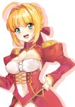  1girl aestus_estus ahoge blonde_hair braid breasts cleavage commentary_request dress epaulettes fate/extra fate/grand_order fate_(series) french_braid green_eyes hair_intakes hair_ribbon juliet_sleeves large_breasts long_sleeves nero_claudius_(fate) nero_claudius_(fate)_(all) puffy_sleeves red_dress red_ribbon ribbon saber_extra see-through shovelwell solo wide_sleeves 