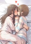  2girls absurdres bangs bed betock blush brown_eyes closed_eyes eyebrows_visible_through_hair eyelashes french_kiss heart highres kiss long_hair lying multiple_girls on_side original pajamas pillow shirt short_hair striped striped_shirt sweatdrop tongue tongue_out yuri 