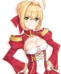  1girl aestus_estus ahoge blonde_hair braid breasts cleavage commentary_request dress epaulettes fate/extra fate/grand_order fate_(series) french_braid green_eyes hair_intakes hair_ribbon juliet_sleeves large_breasts long_sleeves nero_claudius_(fate) nero_claudius_(fate)_(all) puffy_sleeves red_dress red_ribbon ribbon saber_extra see-through shovelwell solo wide_sleeves 