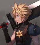  1boy armor black_gloves blonde_hair blood blood_from_mouth blood_on_face blue_eyes buster_sword clip_studio_paint_(medium) cloud_strife ear_piercing final_fantasy final_fantasy_vii final_fantasy_vii_remake flower gloves holding holding_sword holding_weapon looking_to_the_side over_shoulder piercing scar scar_on_face serious shinkuplanet shoulder_armor sleeveless sleeveless_turtleneck solo spiky_hair suspenders sword sword_over_shoulder turtleneck upper_body weapon weapon_over_shoulder 