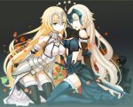 2girls armor armored_boots armored_dress banner black_legwear blonde_hair blue_eyes boots breasts cake9 cleavage dress dutch_angle eyebrows_visible_through_hair fate/apocrypha fate/grand_order fate_(series) floating_hair flower fur_trim gauntlets highres jeanne_d&#039;arc_(alter)_(fate) jeanne_d&#039;arc_(fate) jeanne_d&#039;arc_(fate)_(all) lens_flare long_hair looking_back medium_breasts multiple_girls ruler_(fate/apocrypha) sheath silver_hair sleeveless sleeveless_dress smile standing thigh-highs very_long_hair white_dress white_flower yellow_eyes 