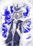  1girl bangs black_dress breasts dress duel_monster floating_hair gloves grey_gloves hair_between_eyes hana_tsuru_wo hat highres holding holding_staff long_hair medium_breasts open_hand parted_lips silent_magician silver_hair solo staff waist_cutout white_headwear witch_hat yellow_eyes yu-gi-oh! yu-gi-oh!_duel_monsters yuu-gi-ou yuu-gi-ou_duel_monsters 