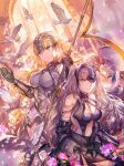  2girls armor armored_boots armored_dress banner black_legwear blonde_hair blue_eyes boots breasts cleavage dress dutch_angle eyebrows_visible_through_hair fate/apocrypha fate/grand_order fate_(series) floating_hair flower fur_trim gauntlets highres jeanne_d&#039;arc_(alter)_(fate) jeanne_d&#039;arc_(fate) jeanne_d&#039;arc_(fate)_(all) lens_flare long_hair looking_back medium_breasts multiple_girls rioka_(moorioka) ruler_(fate/apocrypha) sheath silver_hair sleeveless sleeveless_dress smile standing thigh-highs very_long_hair white_dress white_flower yellow_eyes 