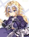  1girl armor armored_dress banner black_ribbon blonde_hair blue_eyes braid eyebrows_visible_through_hair fate/apocrypha fate/grand_order fate_(series) gauntlets highres jeanne_d&#039;arc_(fate) jeanne_d&#039;arc_(fate)_(all) long_hair low-tied_long_hair ponytail purple_legwear ribbon rityulate ruler_(fate/apocrypha) sheath sheathed single_braid smile solo standing sword thigh-highs very_long_hair weapon 