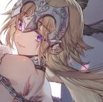  1girl armor armored_dress banner black_ribbon blonde_hair blue_eyes braid eyebrows_visible_through_hair fate/apocrypha fate/grand_order fate_(series) gauntlets highres jeanne_d&#039;arc_(fate) jeanne_d&#039;arc_(fate)_(all) krage_(32700181) long_hair low-tied_long_hair ponytail purple_legwear ribbon ruler_(fate/apocrypha) sheath sheathed single_braid smile solo standing sword thigh-highs very_long_hair weapon 