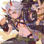  1boy abs arataki_itto artist_name belt bishounen club_(weapon) cwilocky english_commentary genshin_impact horns male_focus oni oni_horns red_eyes short_hair silver_hair smile tattoo toned toned_male upper_body vision_(genshin_impact) weapon 