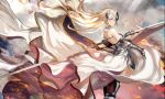  1girl armor armored_dress banner black_ribbon blonde_hair blue_eyes braid eyebrows_visible_through_hair fate/apocrypha fate/grand_order fate_(series) gauntlets highres jeanne_d&#039;arc_(fate) jeanne_d&#039;arc_(fate)_(all) long_hair low-tied_long_hair ponytail purple_legwear ribbon ruler_(fate/apocrypha) sheath sheathed shengkon single_braid smile solo standing sword thigh-highs very_long_hair weapon 