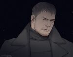  1boy beard black_coat black_shirt brown_hair chris_redfield coat collared_coat facial_hair frown looking_at_viewer lowres male_focus mature_male portrait resident_evil sardine_(kjr0313) shirt short_hair sideburns solo stubble thick_eyebrows turtleneck upper_body 