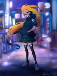  blue_hair blurry blurry_background bubble_blowing chewing_gum city_lights commentary contrapposto cyber_pop_zoe dated glasses green_hair hands_in_pockets headphones heart heterochromia highres hood hoodie league_of_legends long_hair miniskirt orange_hair skirt skull thigh-highs vegefish zoe_(league_of_legends) 