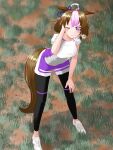  1girl dirt_road grass gym_uniform horse_ears horse_girl horse_tail long_legs looking_at_viewer meisho_doto_(umamusume) outdoors running shoes sportswear steam sweat sweating_profusely umamusume 