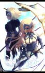  2girls armor armored_boots armored_dress banner black_legwear blonde_hair blue_eyes boots breasts cleavage dress dutch_angle eyebrows_visible_through_hair fate/apocrypha fate/grand_order fate_(series) floating_hair flower fur_trim gauntlets highres jeanne_d&#039;arc_(alter)_(fate) jeanne_d&#039;arc_(fate) jeanne_d&#039;arc_(fate)_(all) lens_flare long_hair looking_back medium_breasts multiple_girls ruler_(fate/apocrypha) sheath silver_hair sleeveless sleeveless_dress smile standing thigh-highs very_long_hair white_dress white_flower yellow_eyes yudei 