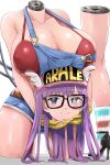  1girl absurdres android baseball_cap bikini bikini_top bikini_under_clothes blue_eyes blue_overalls blush breasts disembodied_head disembodied_limb dr._slump hands hat headless highres holding_head humanoid_robot kntrs_(knyrs) large_breasts long_hair mechanical_parts norimaki_arale older overall_shorts overalls purple_hair smile solo swimsuit winged_hat 