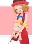  2girls :d bare_arms blonde_hair blue_ribbon blush bonnie_(pokemon) brown_hair brown_shirt closed_eyes collarbone commentary_request eyelashes grin hat highres kouzuki_(reshika213) medium_hair multiple_girls neck_ribbon open_mouth pokemon pokemon_(anime) pokemon_xy_(anime) ribbon serena_(pokemon) shirt short_hair skirt sleeveless sleeveless_shirt smile teeth tongue white_skirt 