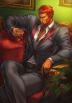  1boy alternate_costume beard collared_shirt couch crossed_legs cup facial_hair fate/zero fate_(series) feet_out_of_frame grey_suit highres holding holding_cup iskandar_(fate) ma2910ko male_focus mature_male muscular muscular_male on_couch pectoral_cleavage pectorals red_eyes redhead shirt short_hair sitting solo thick_thighs thighs 