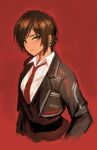  1girl bangs black_jacket brown_eyes brown_hair closed_mouth csilj63cw8irumy dark-skinned_female dark_skin earrings jacket jewelry limbus_company looking_at_viewer necktie outis polo_shirt red_background red_necktie shirt short_hair simple_background solo white_shirt 