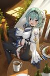  1girl :d absurdres asymmetrical_hair black_gloves blush bodysuit bottle breasts brown_eyes chair coffee_mug cup curtains eula_(genshin_impact) food fork from_side genshin_impact gloves goback hair_ornament hairband highres knife large_breasts light_blue_hair long_sleeves looking_at_viewer looking_to_the_side looking_up medium_hair mug on_table open_mouth plate shadow sitting skindentation smile solo sunlight table thigh-highs thigh_strap utensil 