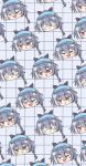  6+girls :d bangs black_hair blue_background blue_headwear closed_eyes closed_mouth crying crying_with_eyes_open fu_hua fu_hua_(herrscher_of_sentience) grid_background hair_between_eyes highres honkai_(series) honkai_impact_3rd long_hair looking_at_viewer multiple_girls multiple_persona open_mouth pouty_lips qian_xii red_eyes simple_background smile summer_uniform tears 