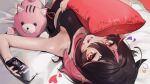  1girl :d black_hair black_nails black_tank_top cellphone commentary_request daiiichukiii gradient_nails hair_between_eyes highres holding holding_phone indie_virtual_youtuber indoors looking_at_viewer lying multicolored_hair nail_polish noto_(vtuber) object_hug on_back on_bed open_mouth phone pillow pillow_hug pink_hair red_eyes red_nails smartphone smile solo streaked_hair stuffed_animal stuffed_toy tank_top two-tone_hair 