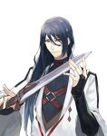  1boy azoth_knife black_hair bridal_gauntlets brown_eyes fate/prototype fate/prototype:_fragments_of_blue_and_silver fate_(series) hair_between_eyes long_hair male_focus paracelsus_(fate) smile solo wide_sleeves yepnean 
