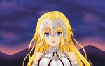  1girl armor armored_dress banner black_ribbon blonde_hair blue_eyes braid eyebrows_visible_through_hair fate/apocrypha fate/grand_order fate_(series) gauntlets highres jeanne_d&#039;arc_(fate) jeanne_d&#039;arc_(fate)_(all) long_hair low-tied_long_hair ponytail purple_legwear ribbon ruler_(fate/apocrypha) sheath sheathed single_braid smile solo standing sword thigh-highs those_girls very_long_hair weapon 
