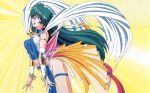  1990s_(style) 1girl armlet back_bow blue_eyes bow bracelet bridal_gauntlets can_can_bunny cowboy_shot glint green_hair highres jewelry long_hair official_art open_mouth panties pelvic_curtain retro_artstyle solo swatty_(can_can_bunny) thigh_strap underwear white_panties yellow_background 