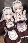  2girls 9a-91_(girls&#039;_frontline) absurdres ahoge ak74m_(girls&#039;_frontline) apron black_legwear blue_eyes blush breasts closed_mouth double_v dress eyebrows_visible_through_hair girls_frontline hair_between_eyes hair_ornament hairclip highres juliet_sleeves long_hair long_sleeves looking_at_viewer maid maid_headdress multiple_girls open_mouth puffy_sleeves silver_hair smile snowflake_hair_ornament symbol-only_commentary v waist_apron white_apron yakob_labo 