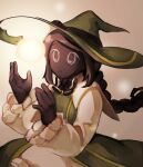  1girl 5renoihba10ozum absurdres black_bow black_bowtie black_eyes black_skin bow bowtie braid braided_ponytail colored_skin copyright_request expressionless glowing green_headwear hat highres long_hair long_sleeves no_nose shadow solo upper_body witch witch_hat 