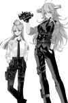  2girls :&lt; ahoge alternate_costume alternate_hairstyle anno88888 bangs belt binoculars breasts closed_mouth commentary_request eyebrows_visible_through_hair gloves gun hair_between_eyes hand_in_pocket handgun hands_in_pockets headgear highres holding holster holstered_weapon kantai_collection leg_strap long_hair medium_breasts multiple_girls necktie pants partially_fingerless_gloves ponytail shirt simple_background south_dakota_(kancolle) star_(symbol) thigh_strap vest washington_(kancolle) weapon 