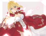  1girl aestus_estus ahoge blonde_hair braid breasts cleavage commentary_request dress epaulettes fate/extra fate/grand_order fate_(series) french_braid green_eyes hair_intakes hair_ribbon juliet_sleeves large_breasts long_sleeves nero_claudius_(fate) nero_claudius_(fate)_(all) puffy_sleeves red_dress red_ribbon ribbon saber_extra see-through solo surato wide_sleeves 