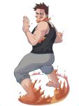  1boy alternate_costume ass bare_arms beard black_tank_top boku_no_hero_academia casual endeavor_(boku_no_hero_academia) facial_hair fire full_body grey_pants male_focus mature_male miso_(mimimiso) muscular muscular_male pants pectorals redhead scar scar_across_eye scar_on_face short_hair sideburns sidepec solo spiky_hair stubble tank_top thick_thighs thighs white_background 