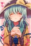  1girl :&lt; aqua_hair bangs black_headwear blouse blush buttons closed_eyes closed_mouth collared_blouse diamond_button eyeball eyebrows_visible_through_hair frilled_shirt_collar frilled_sleeves frills frown hair_between_eyes hat hat_ribbon heart heart_of_string komeiji_koishi long_sleeves medium_hair own_hands_clasped own_hands_together pink_background ribbon rpameri solo third_eye touhou upper_body wide_sleeves yellow_blouse yellow_ribbon 
