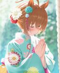  :&gt; agnes_tachyon_(umamusume) ahoge alternate_hairstyle bangs blue_kimono blurry blurry_background blush closed_eyes commentary_request eyebrows_visible_through_hair floral_print flower furisode hahakigi hair_flower hair_ornament hair_up highres horse_girl japanese_clothes kanzashi kimono looking_down new_year outdoors own_hands_together praying red_flower rope smile umamusume upper_body white_flower 