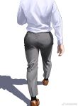  1boy ass formal from_behind grey_pants head_out_of_frame highres kuroshima_kurishiro_(muyi24108414) leather_footwear male_focus original pants salaryman shadow shirt solo walking white_background white_shirt 