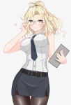  1girl bad_anatomy bad_hands belt belt_buckle bespectacled black_belt black_legwear black_necktie black_skirt blonde_hair blue_eyes blush breasts buckle buttons closed_mouth collared_shirt cowboy_shot glasses heart highres hornet_(kancolle) kantai_collection large_breasts long_hair necktie nitamako_(sakamalh) pantyhose pencil_skirt shirt skirt sleeveless sleeveless_shirt smile solo white_shirt 