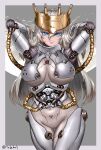  1girl absurdres adjusting_hair arms_behind_head arms_up blue_eyes breasts closed_mouth crown eyebrows_visible_through_hair grey_hair highres large_breasts long_hair looking_at_viewer mecha_musume mechanical_parts original smile solo spacesuit takefu_jiin 