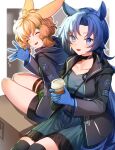  2girls :d ahoge animal_ears arknights bangs black_choker black_jacket black_legwear blonde_hair blue_dress blue_eyes blue_gloves blue_hair blush border bow box breasts cardboard_box choker collarbone cup disposable_cup dress eyebrows_visible_through_hair fang_(arknights) geta_(epicure_no12) gloves green_bow hair_bow hair_ornament hairclip highres holding holding_cup horse_ears id_card jacket kroos_(arknights) long_hair long_sleeves looking_at_viewer medium_breasts motion_lines multiple_girls on_box open_clothes open_jacket open_mouth outside_border rabbit_ears short_hair sitting smile thigh-highs thigh_strap very_long_hair waving white_border yokozuwari zettai_ryouiki 