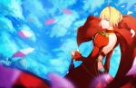  1girl aestus_estus ahoge blonde_hair braid breasts cleavage commentary_request dan_lan dress epaulettes fate/extra fate/grand_order fate_(series) french_braid green_eyes hair_intakes hair_ribbon juliet_sleeves large_breasts long_sleeves nero_claudius_(fate) nero_claudius_(fate)_(all) puffy_sleeves red_dress red_ribbon ribbon saber_extra see-through solo wide_sleeves 