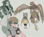  1girl 3boys black_gloves black_hair brown_hair brown_headwear brown_wings character_request feathered_wings fingerless_gloves geshao_(the_legend_of_luoxiaohei) gloves green_hair hair_over_one_eye horns long_hair longyan_(the_legend_of_luoxiaohei) mask multiple_boys open_mouth orange_gloves sirakaro the_legend_of_luo_xiaohei wings 